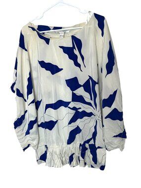 Diane Von Furstenberg Blue & White Abstract Print Silk Blouse  Size 10